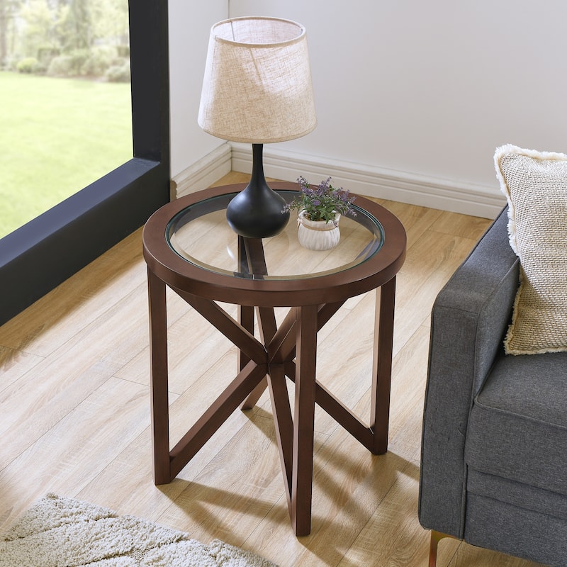 Roomfitters Modern Round Tempered Glass Coffee Table with Solid Wood Base, Transparent Top for Living Room or Study - Cherry