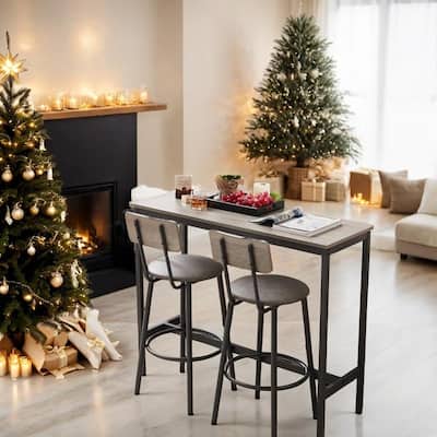 Modern Industrial Design Bar Table Set With Wine Bottle Storage Rack,Bar Table Set of 3,Rustic Grey Desktop
