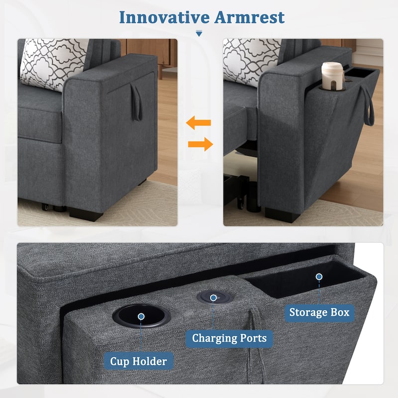 L-Shaped Sectional Sofa Convertible Sofa Bed with Dual Pull-Out Sleepers Sofa, Flip-Top Table, USB Ports, Cup Holder and Storage