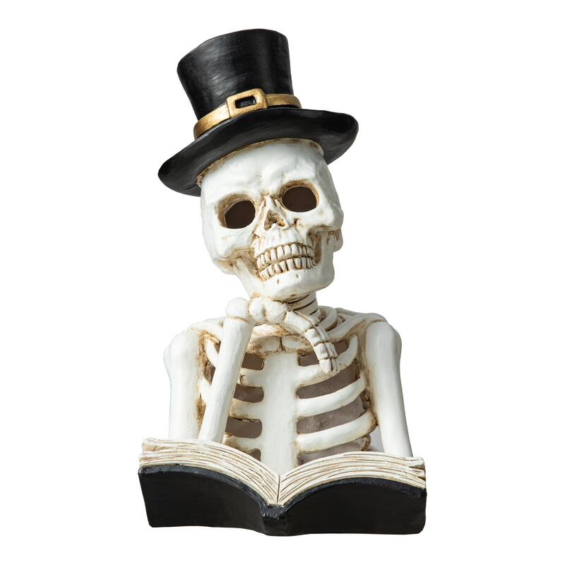 Glitzhome 10.25"H Halloween Lighted Resin Skull Reading Book Figurine Table Decor - Lighted Skull - Lighted Skull