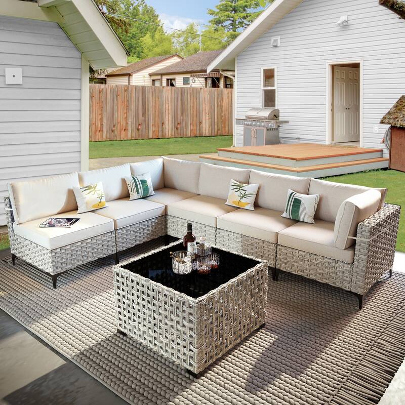OVIOS 7 Pieces Outdoor Wicker Furniture Set With Solar-Powered Coffee Table - Beige
