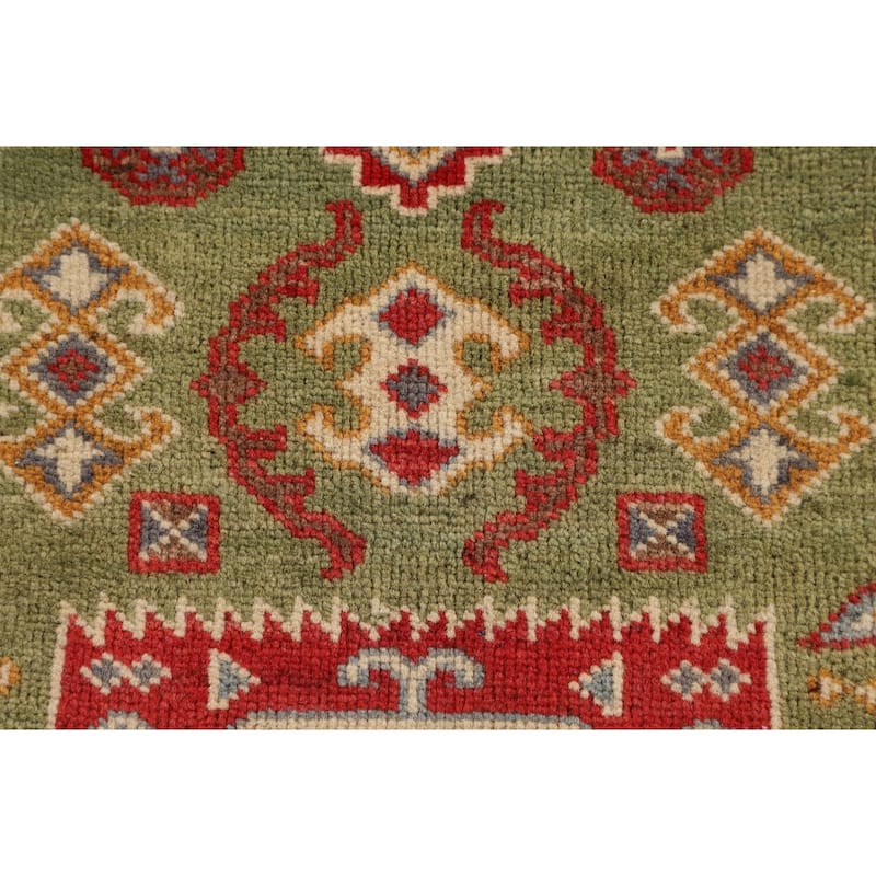 Light Green Geometric Kazak Accent Rug Handmade Wool Carpet - 3'4" x 4'7"