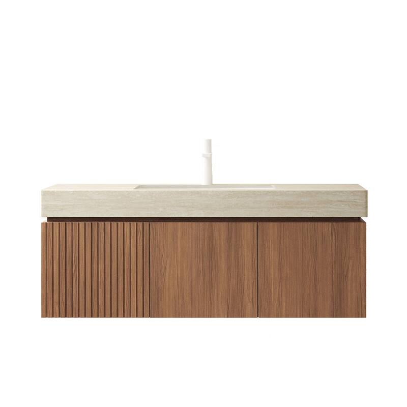 GDFStudio - Muri Modern 48" Floating Bathroom Vanity with Roma Travertine-Pattern Countertop & Basin, WITHOUT Faucet
