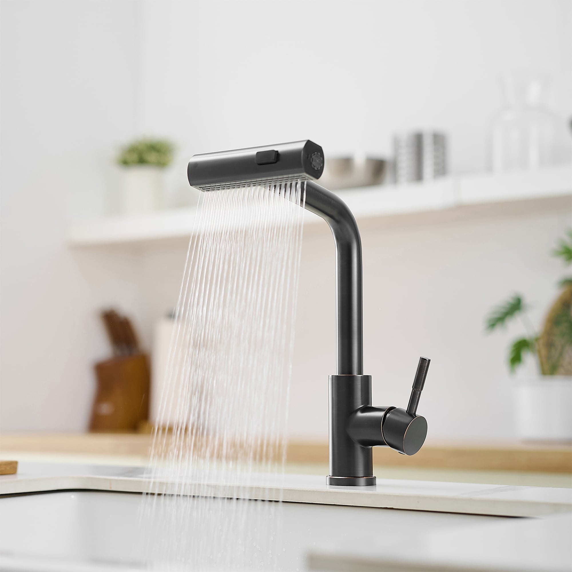 Modern Oil-rubbed Bronze Single Handle Kitchen Faucet with Pull Out Sprayer, 3 Function Water Outlet