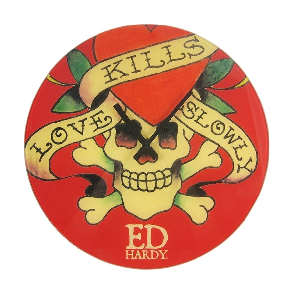 Ed Hardy LOVE KILLS SLOWLY Glass Clock 13 Inch - 13.75 X 13.75 X 1