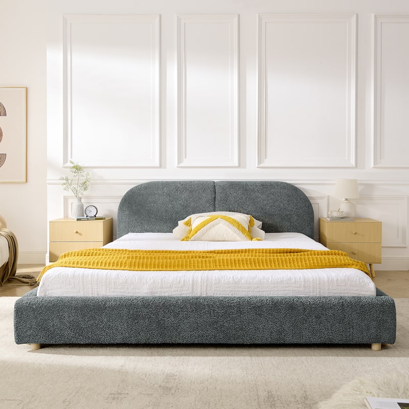 Fabric Upholstered Bed Frame Modern American Platform Bed Frame with Curved Headboard/Sturdy Legs Support/No Box Spring Needed