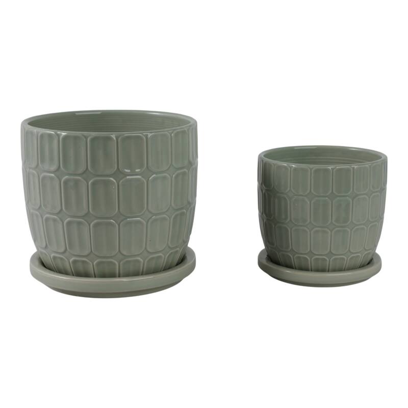 Stoneware Saucer Planters with Embossed Geometric Texture (Set of 2)