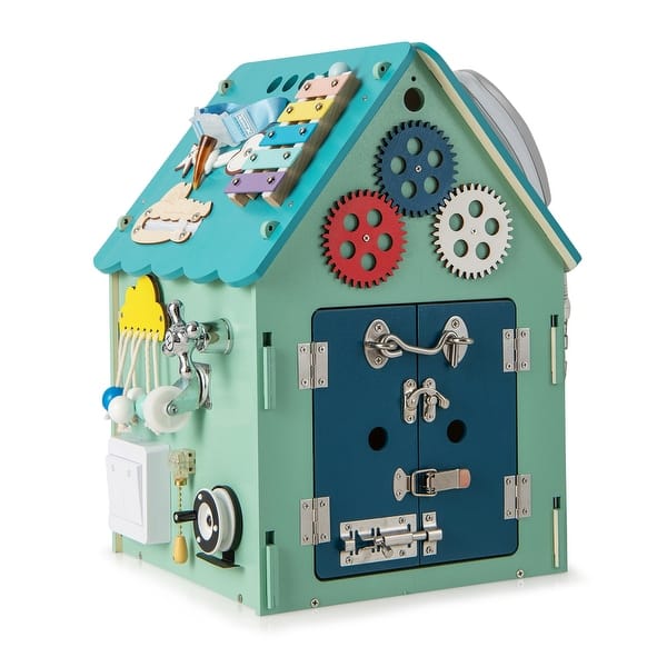 slide 2 of 6, Wooden Busy House Montessori Toy w/ Sensory Games & Storage Blue