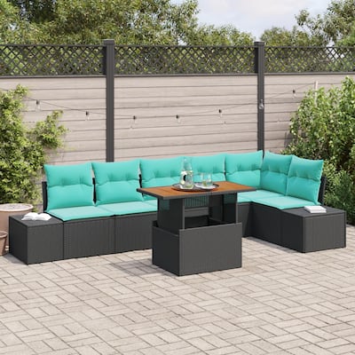 vidaXL 7 Piece Garden Sofa Set with Cushions Black Poly Rattan - 125.6×60.6×27.2