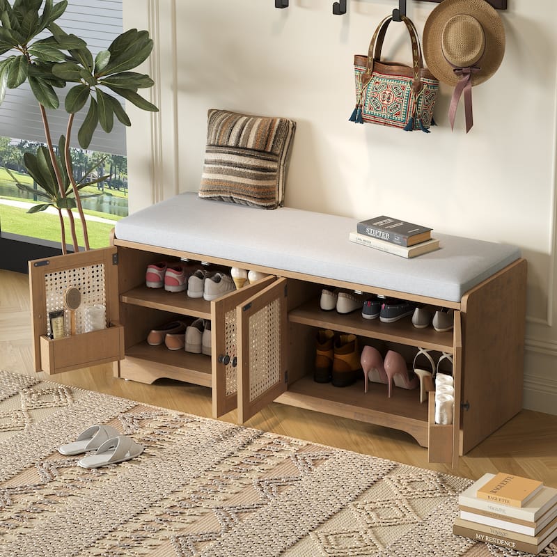 Rustic Storage Bench with Removable Cushion and Woven Rattan Doors - Beige+Brown