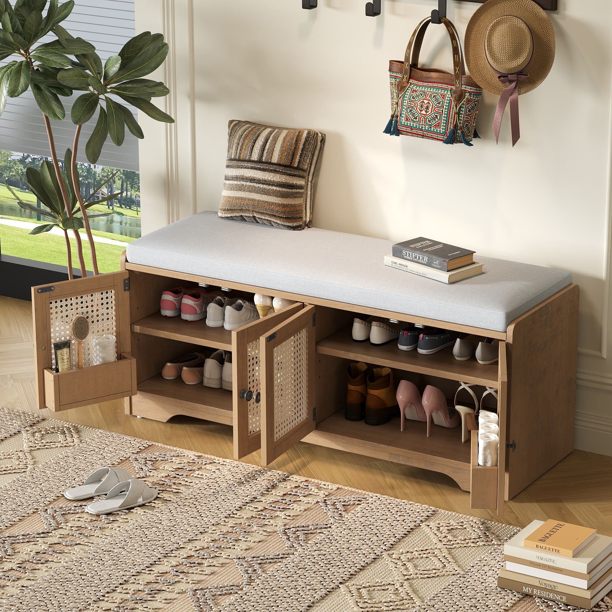 Rustic Woven Rattan Doors Storage Bench with Removable Cushion & Adjustable Shelves