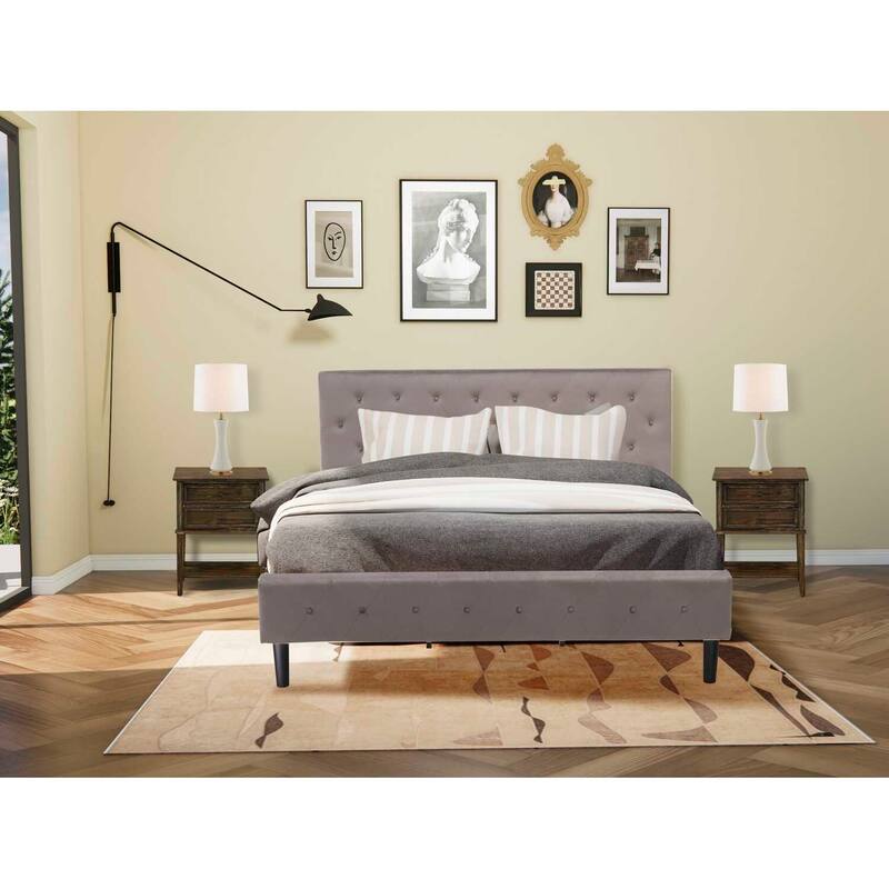 3-Piece Bed Set - Velvet Upholstered Platform Bed with Nightstand