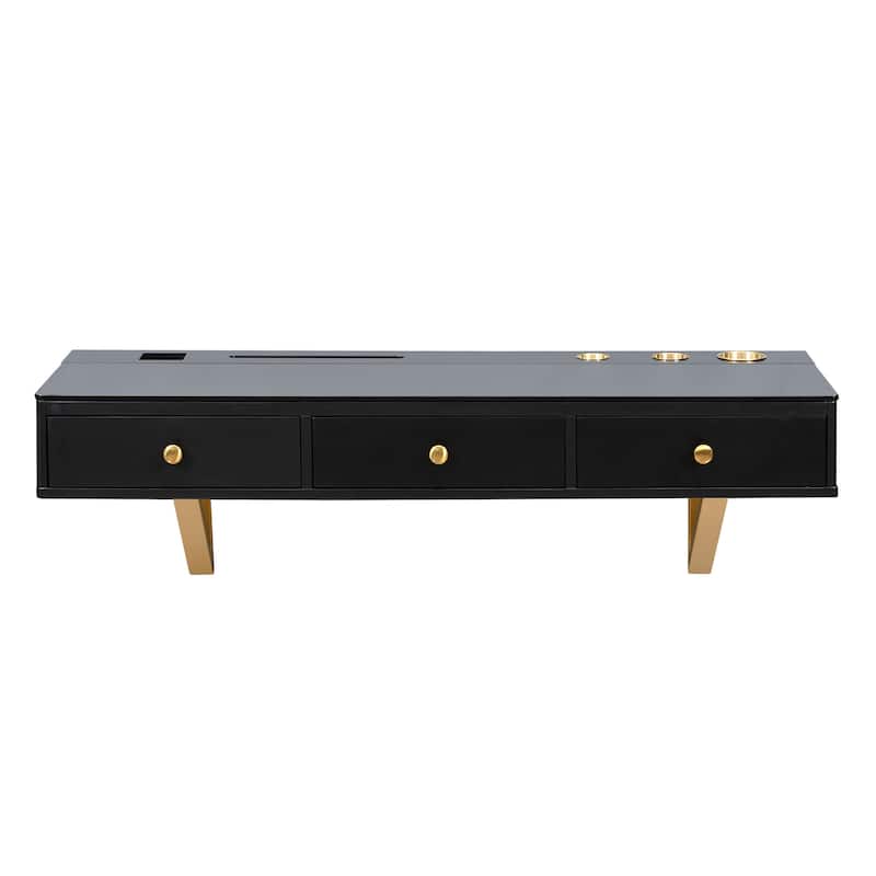 Roomfitters 47" Floating Shelf with Drawer, Multi-Purpose Wall-Mounted Vanity Table, Mounted Desk, Floating Table, Black + Gold