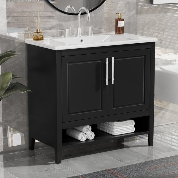 36 in. W x 18.5 in. D x 36 in. H Bathroom Vanity in White with Single Basin Vanity Top in White Ceramic and Mirror 36 in. W x 18.5 in. D x 36 in. H Bathroom Vanity in White with Single Basin Vanity Top in White Ceramic and Mirror