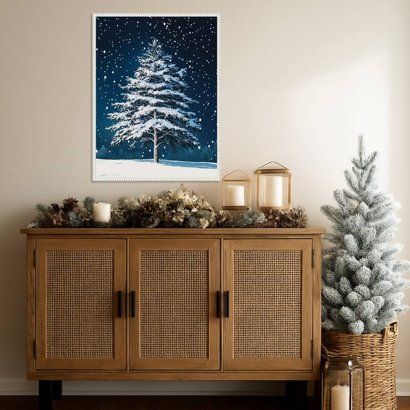 Winter Snowy Pine Tree by Pictufy Studio Framed Canvas Wall Art Print - Sylvie Beaded White