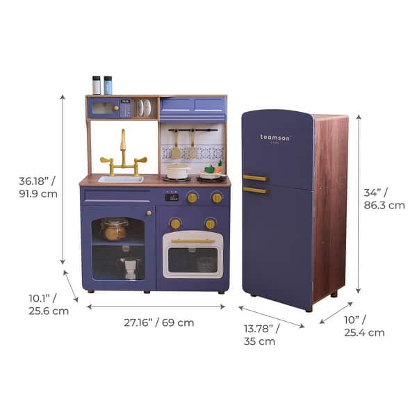 dimension image slide 1 of 3, Teamson Kids Wooden Pretend Play Kitchen with Sink, Oven, Modular Fridge, and 14 Pcs Accessories for Age 3-5 Toddlers