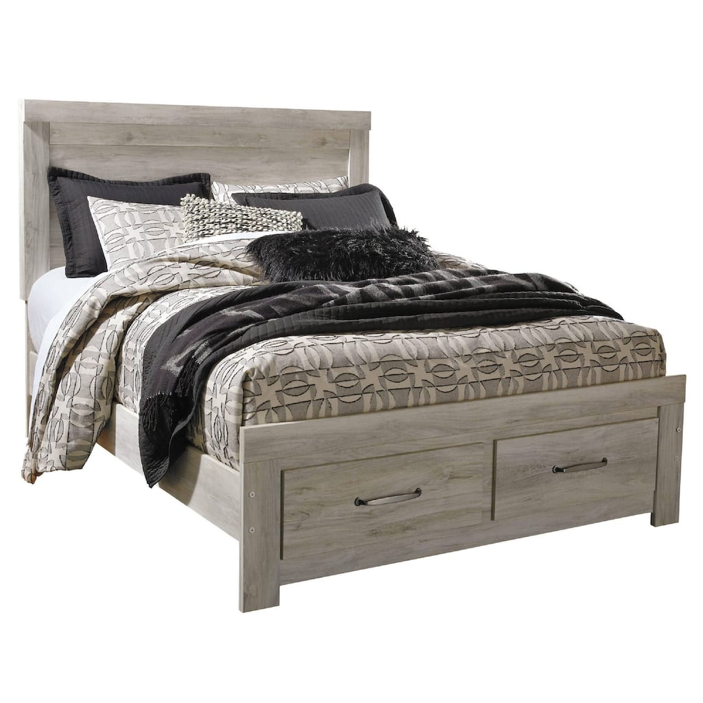 Simon Queen Platform Bed, 2 Drawer Footboard, Weathered Whitewash Wood
