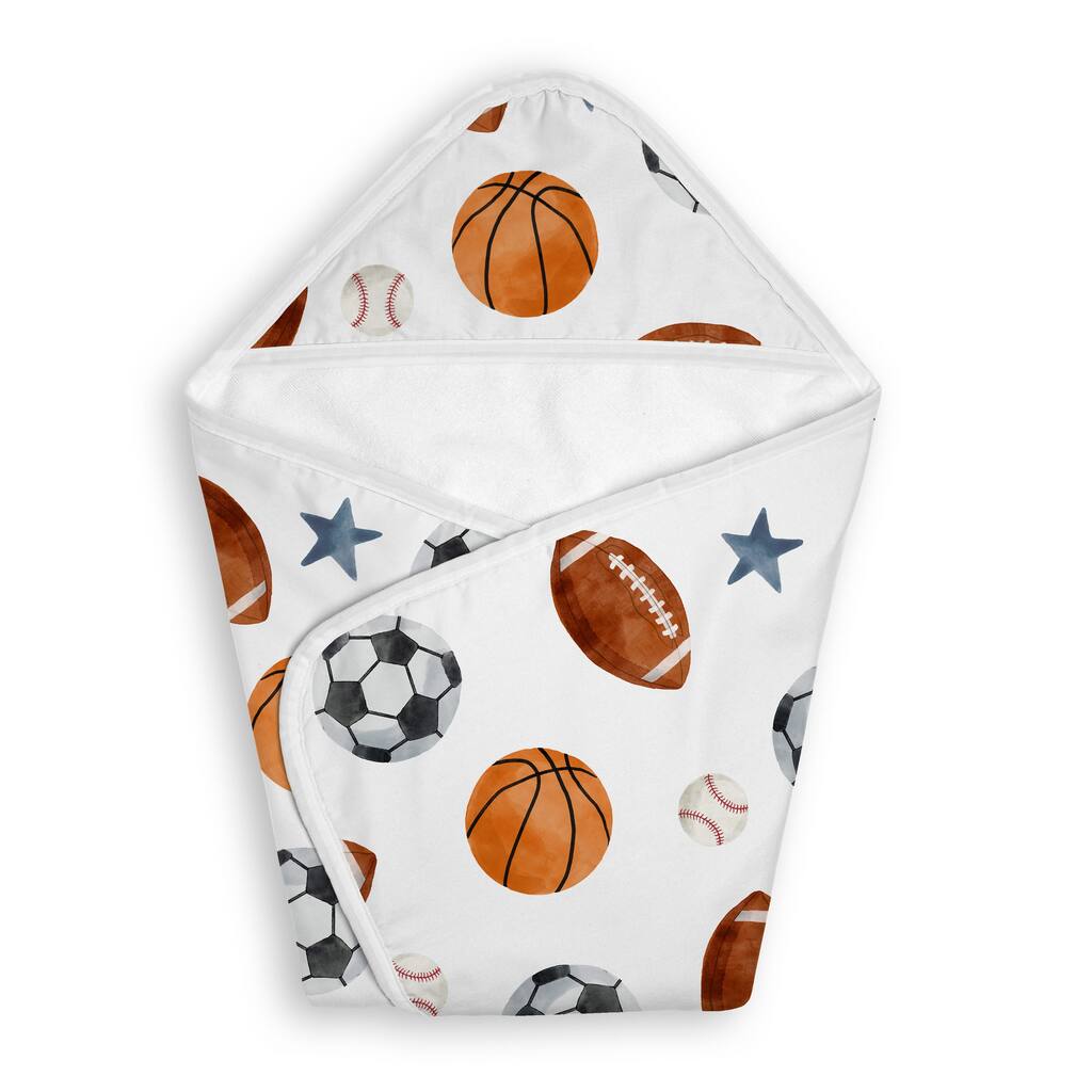 Sweet Jojo Designs Sports Theme Boy Hooded Baby Towels - Toddler Bath Towel - Watercolor Vintage Sport Themed Balls, Blue Stars