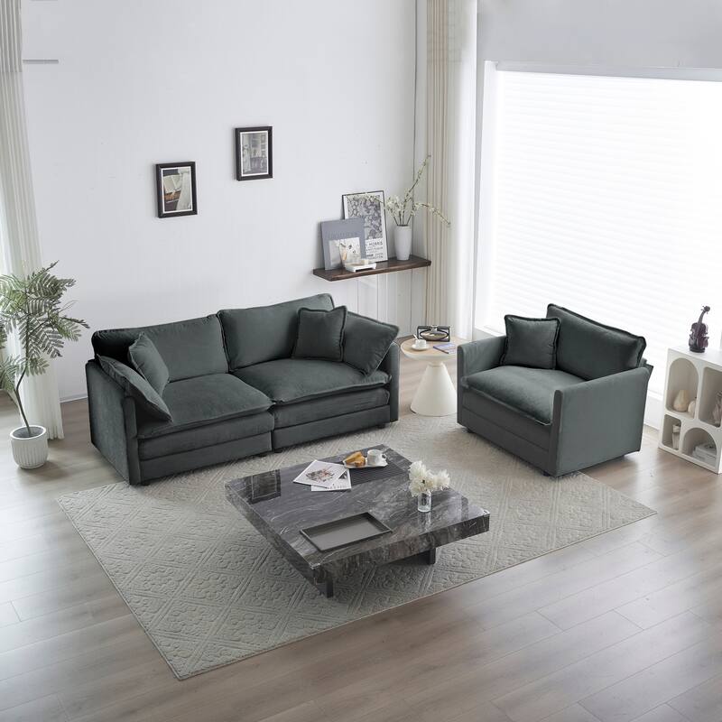 Roomfitters 2-Piece Modular Sofa Set, Chenille Upholstered Loveseat and Accent Chair with Wood Frame