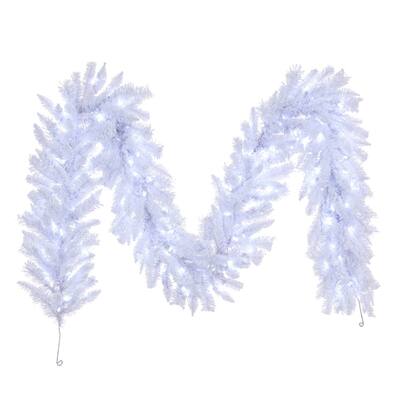 Vickerman 9' x 14" Flocked White Garland, Pure White Single Mold LED Lights. - Pure White
