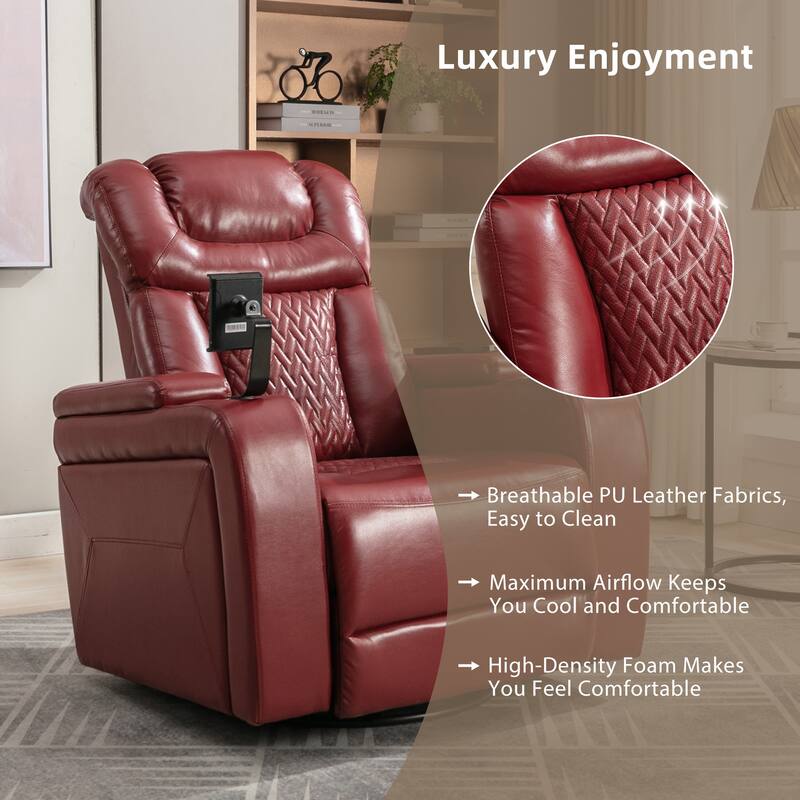 270° Swivel PU Leather Power Recliner with Phone Holder, Cup Holder, USB Port Home Theater Recliner for Living Room