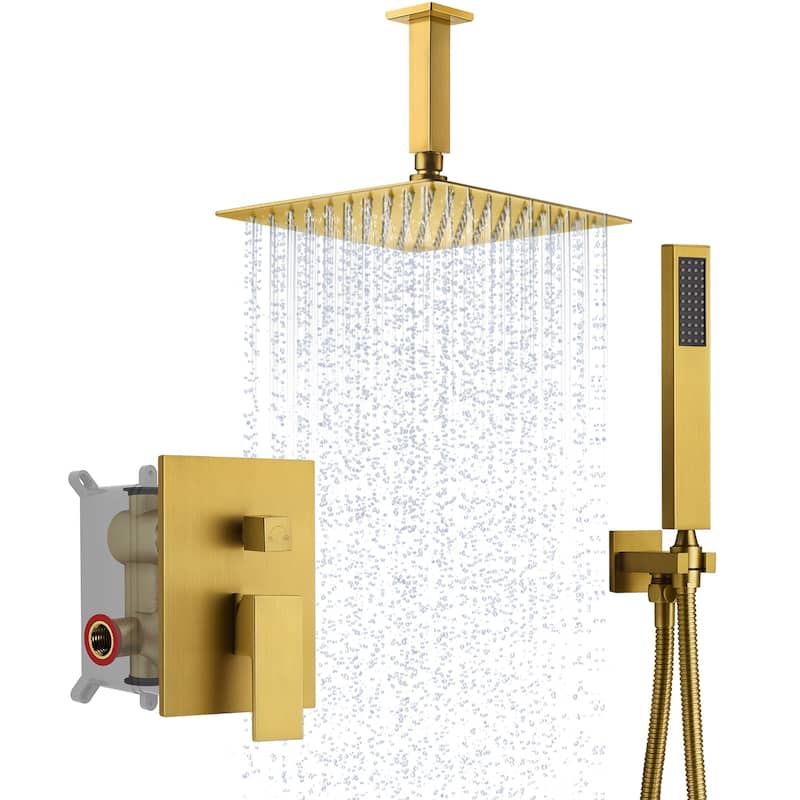 Rainfall Shower System with High Pressure 10 inch Shower Head Hand Held Shower Head Bathroom Mixer Shower Complete Combo Set - Gold