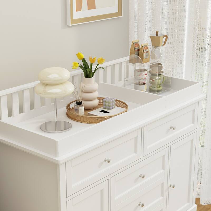Classic White Baby Changing Table with Storage Cabinets and Drawers