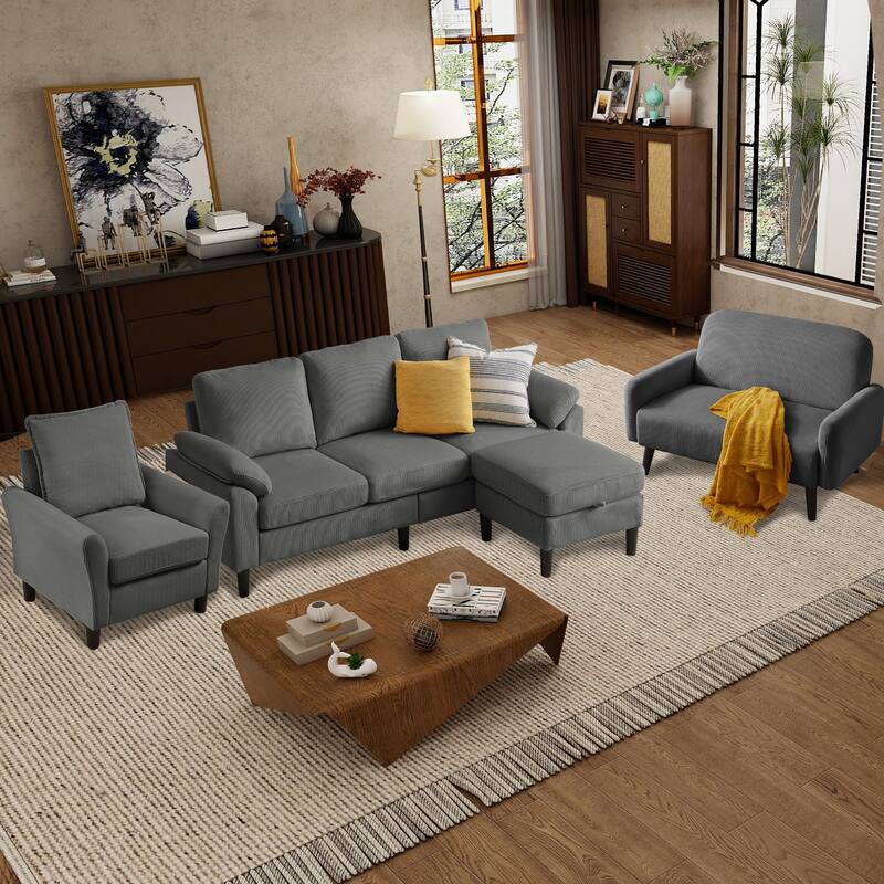 4 Pieces Corduroy Living Room Sets with Sofa, Ottoman and Loveseat