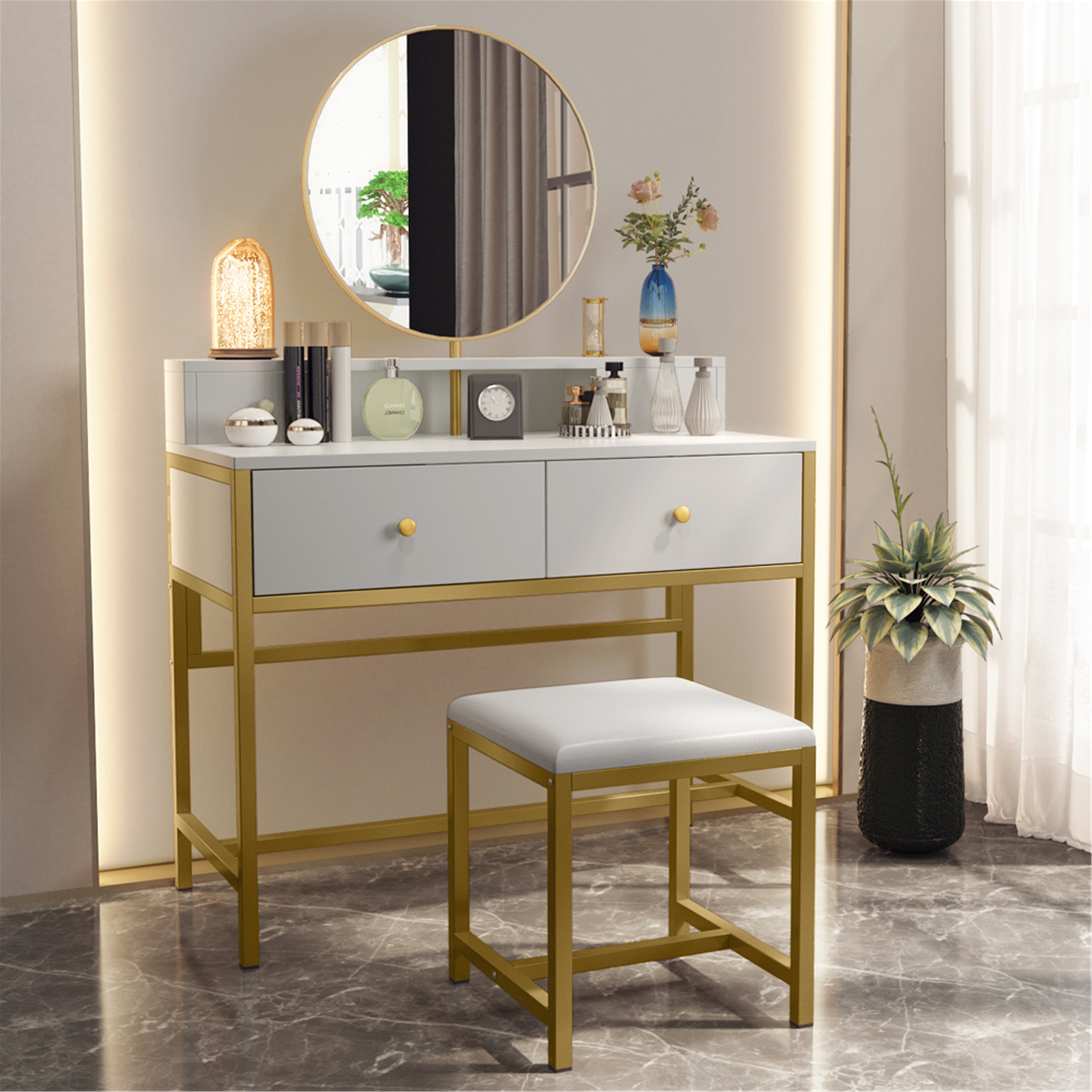Vanity Set With Round Mirror And Cushioned Stool 4 Drawers White Gold Overstock 31571092