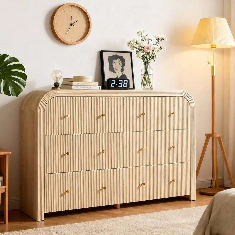 Modern Fluted 6 Drawers Dresser, Wood Chest of Drawers for Bedroom - Natural Oak