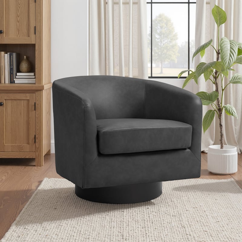 2 Set Modern Wide Round Swivel Accent Barrel Chairs - Faux Leather - P-Black-Single