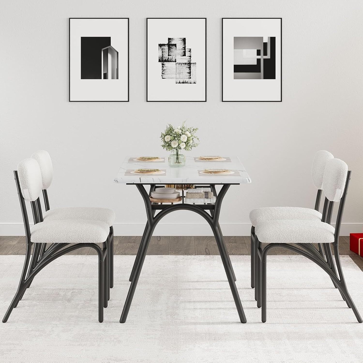 Kitchen Table with Boucle Chairs for 4,Dining Table Set for 4