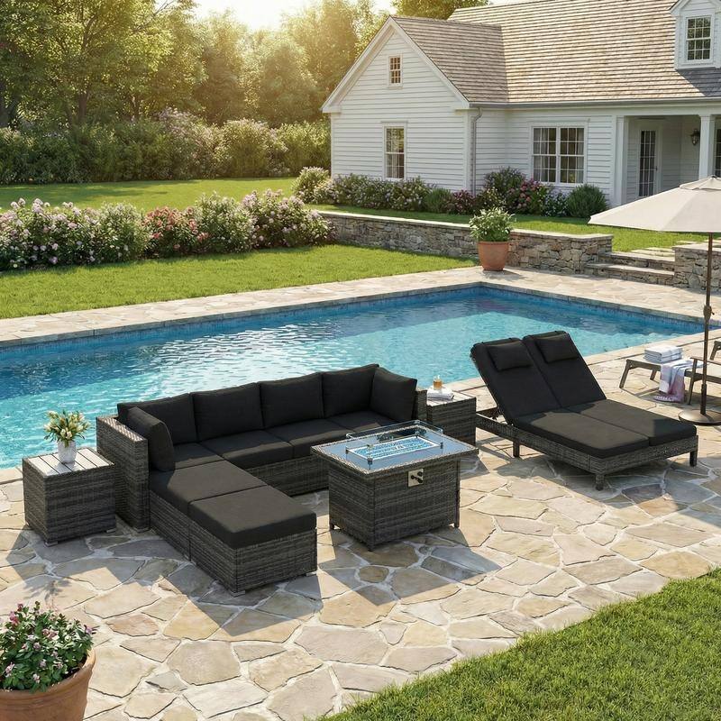Outdoor Sectional Conversation Set PE Wicker with Double Chaise Lounge, 60,000 BTU Fire Pit Table - 10-Piece/Ottoman & Table - Black