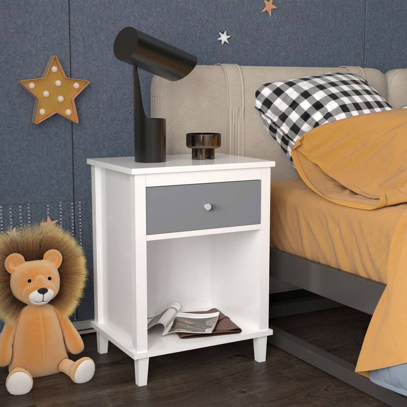 Wooden Nightstand with One Drawer One Shelf for Kids, Adults, White