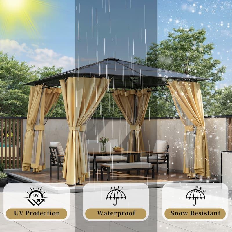 10'x10' Hardtop Gazebo - Polycarbonate Roof, Aluminum Frame, Mosquito Net & Privacy Screens for Shade & Rain