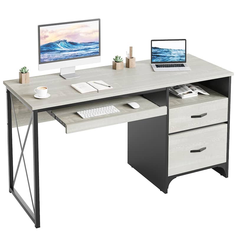 55 inch Computer Desk with Keyboard Tray and Storage Drawers