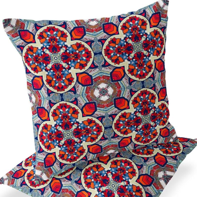 HomeRoots Set of Two 16" X 16" Blue and Orange Blown Seam Floral Indoor Outdoor Throw Pillow - 16.00' X '16.00' X '5.00