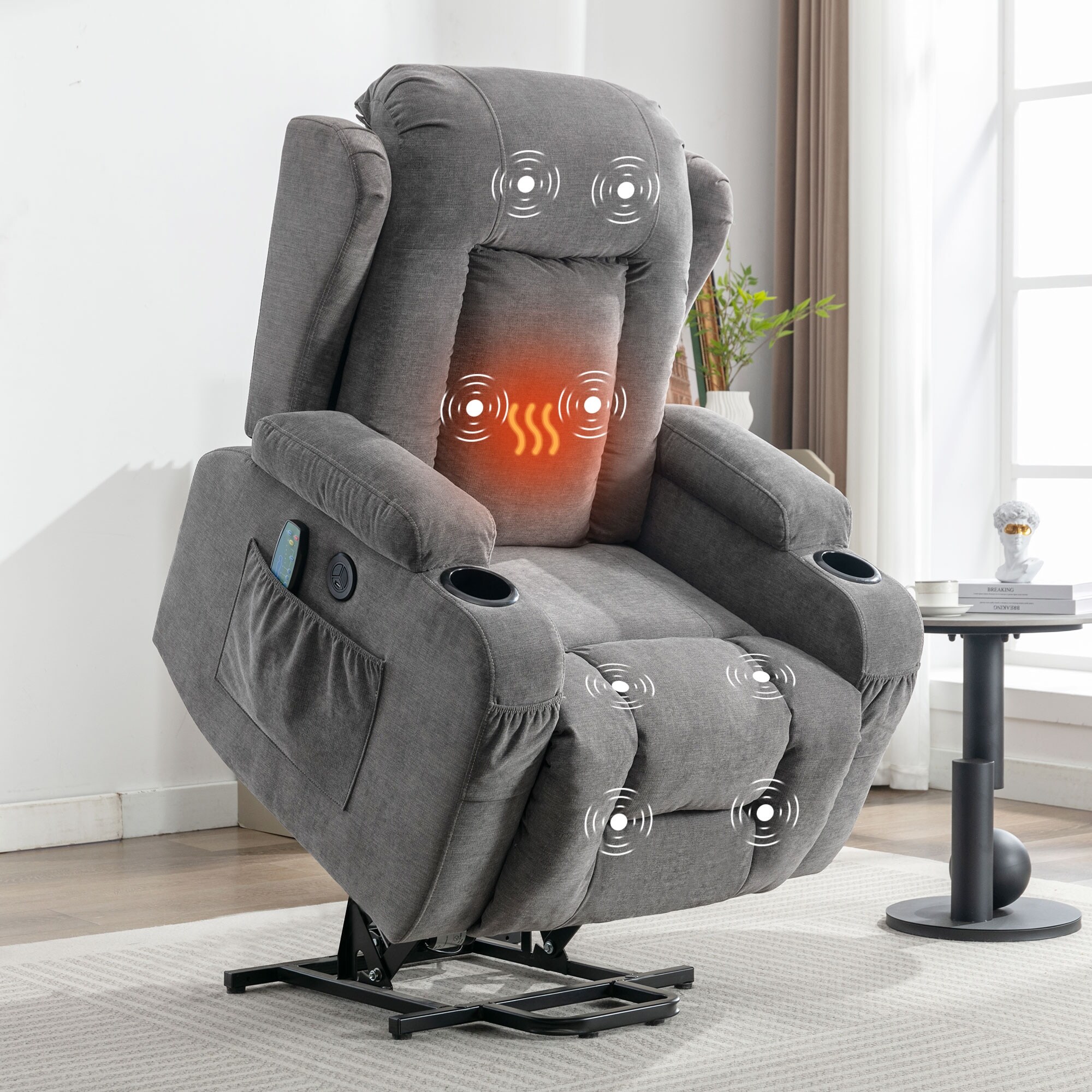 Power Lift Recliner Chair with Massage Heat Recliner Sofa with Infinite Position Side Pocket USB Charge Port Beige Bed Bath Beyond 40301564