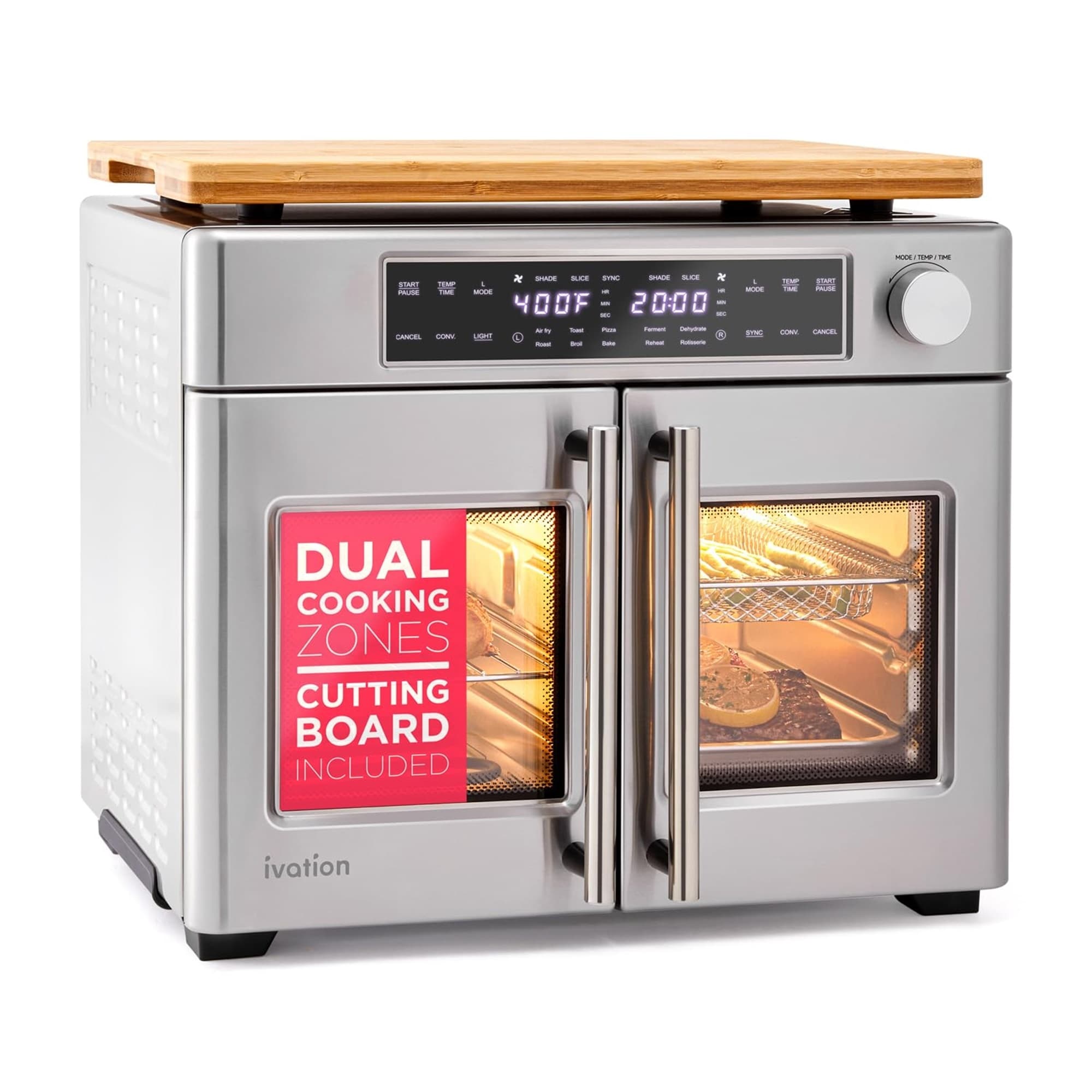Ivation Dual Zone 10-in-1 Air Fryer Toaster Oven, 450° Temp, 1800W - Stainless Steel