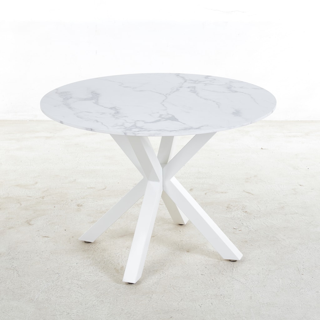 Round Dining Table for 4-6 People, Kitchen Dining Table with MDF Table Top & Metal Cross Legs, Mid-Century Leisure Coffee Table