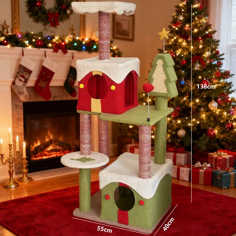 Christmas Cat tree ,Multi-Level Cat Tree with 2 Condos and Scratching Posts 54 Inches Tall - Green,Red