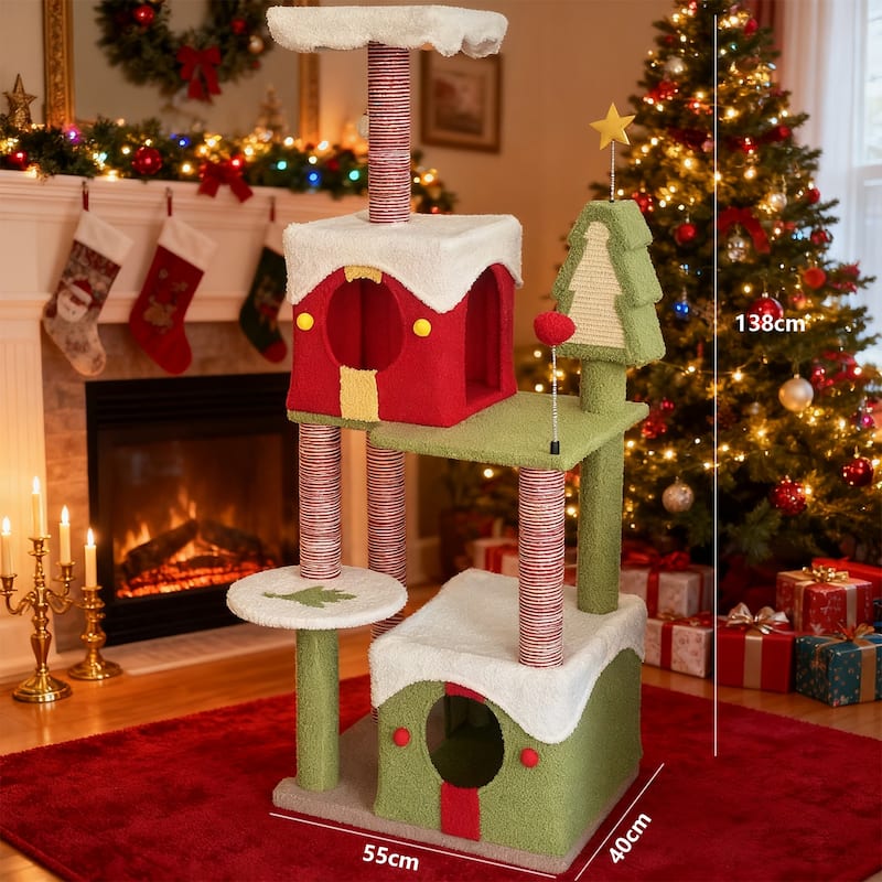 Wide Christmas Cat Tree Tower for Indoor Cats, Wood Cat Tree With Large Condo Wood ladder - Green,Red