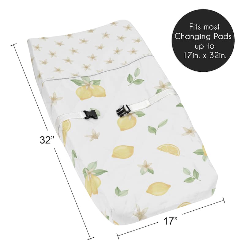 Lemon Floral Girl Changing Pad Cover - Yellow Green White Watercolor Boho Bohemian Farmhouse Fruit Flower Blossom Botanical Leaf