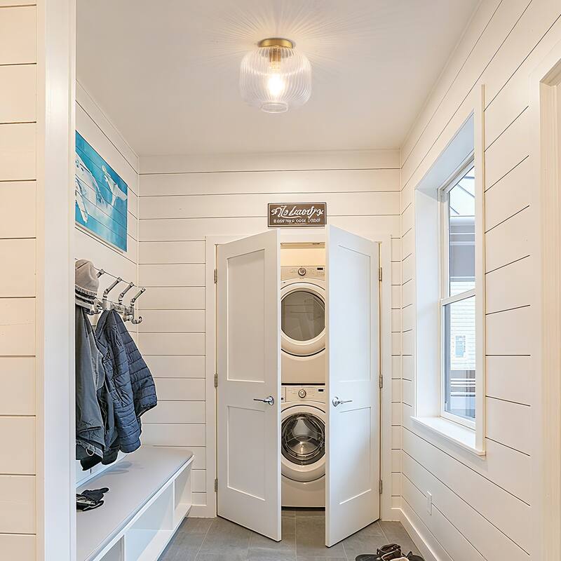 1-Light Mid-Century Modern Ribbed Glass Flush Mount Light