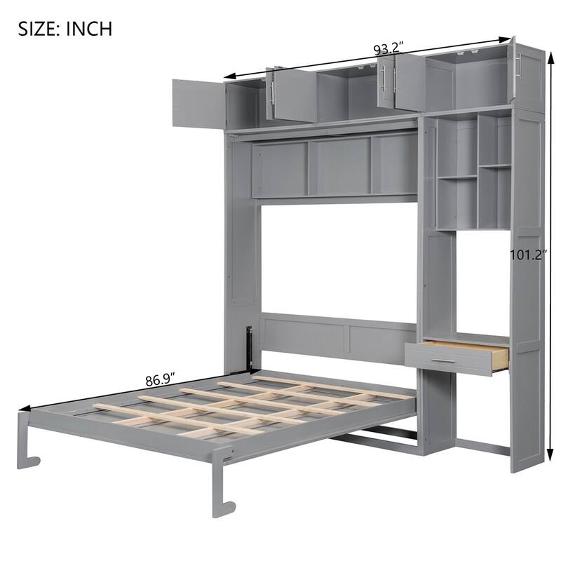 Wall Murphy Bed with Desk, Top Cabinet and Storage Shelves