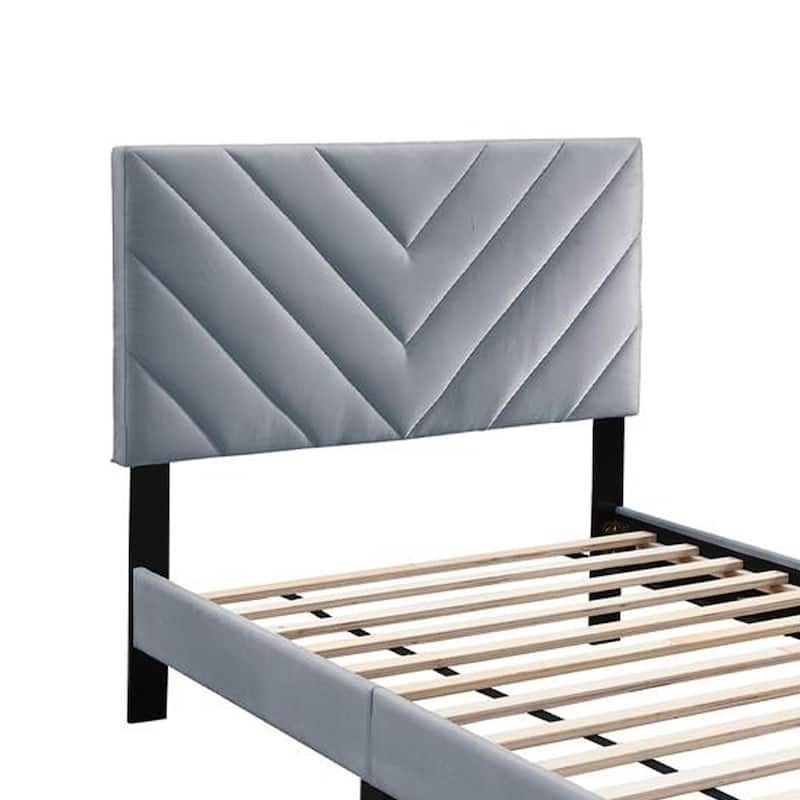 Lilian Twin Size Bed, Tufted Gray Velvet Upholstery, Chevron Stitch