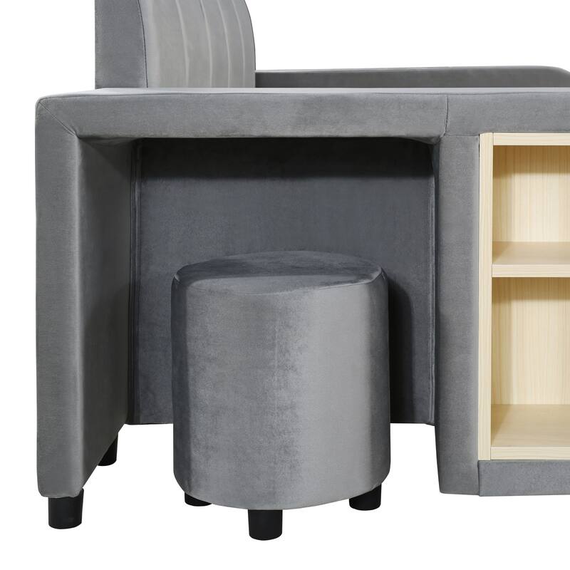 Mother & Child Bed Frame, Velvet Upholstered Grounded Bed, Bedside Desk and Little Round Stool,Wood Low Profile Bed Platform Bed