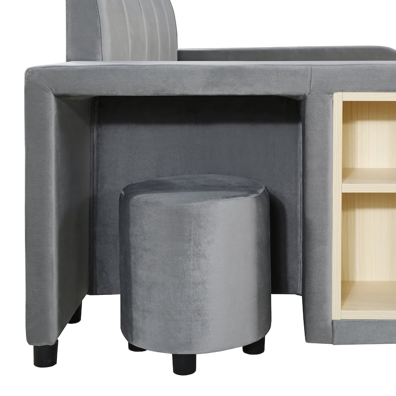 Queen Size Velvet Upholstered Platform Bed w/ Bedside Desk & Stool, Mother & Child Platform Bed Frame w/ Footboard & Guardrail