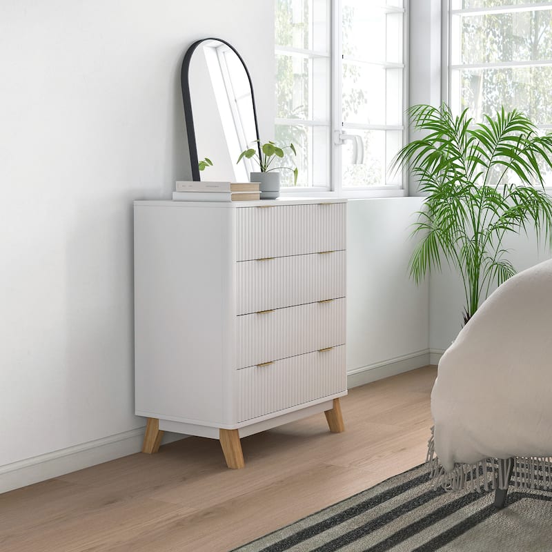 HOMCOM Fluted Dresser for Bedroom with 4 Drawers, 28" Wide Chest of Drawers with Gold Finger Pulls and 4 Wood Legs, Natural Wood