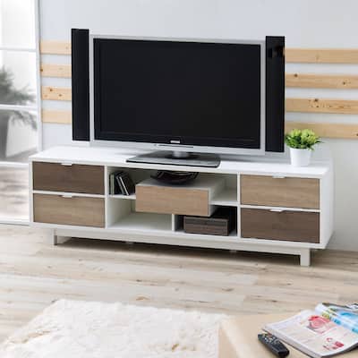 Modern 70-inch White TV Stand Entertainment Center with Natural Wood Accents - 70.8 x 15.7 x 21.8 inches